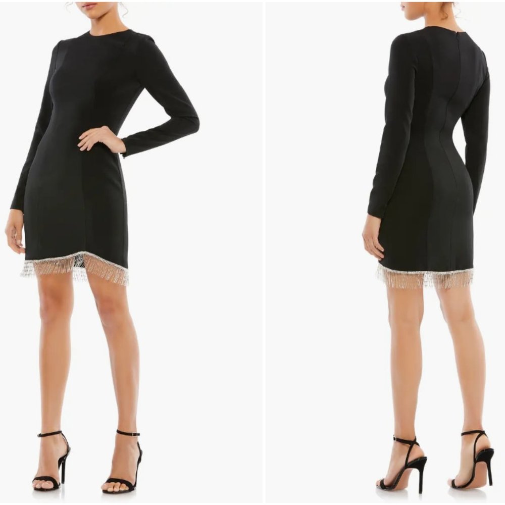MAC DUGGAL BEADED FRINGE TRIM LONG SLEEVE MINI BLACK DRESS sz 0